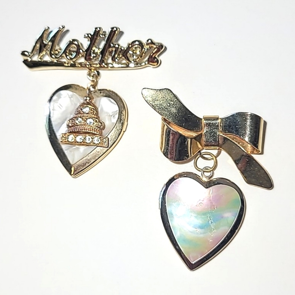 1940s HEART LOCKET BROOCHES - WASHINGTON DC CAPITOL & 1949 ENGRAVED